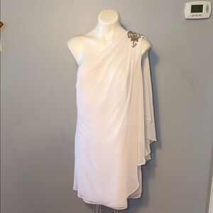 JS Boutique Ladies Formal One Shoulder White Draped Chiffon Jeweled Dress,